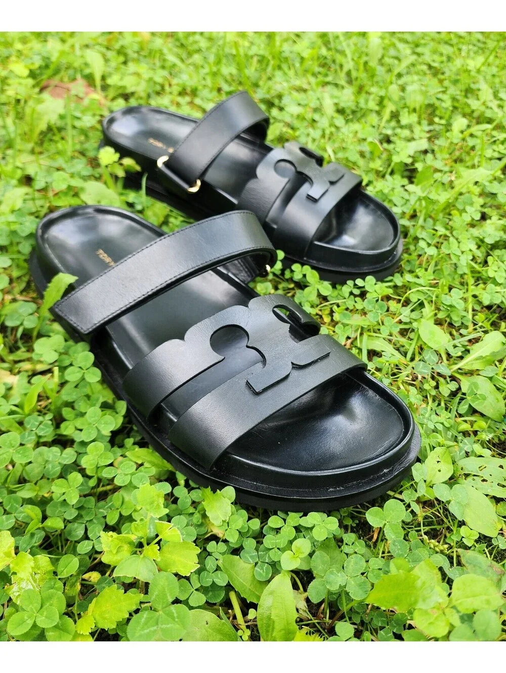 Size 7.5 - Tory Burch Ines Black Leather Logo Slide Sandals